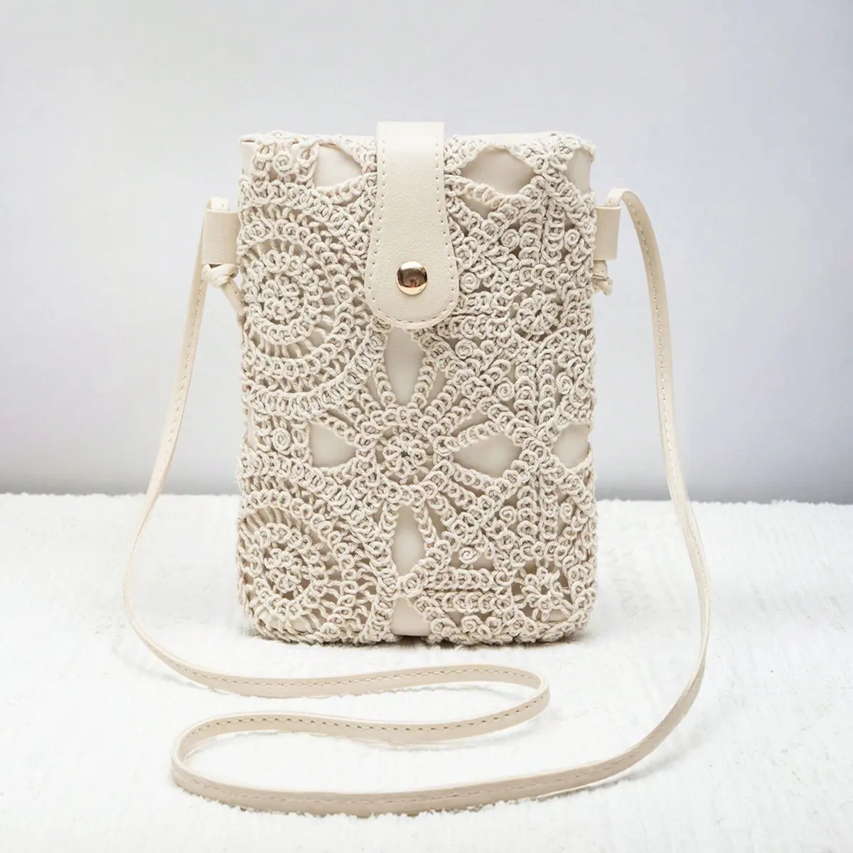 Women's Boho Crochet Cotton Mini Messenger Crossbody Bag - Casual Wear, Floral Design, Adjustable Strap, Snap Button & Magnetic Closure, PU Leather & Polyester, Lightweight, Hand Wash Only, Multi-Function, Perfect Pocket Size, Holiday Use