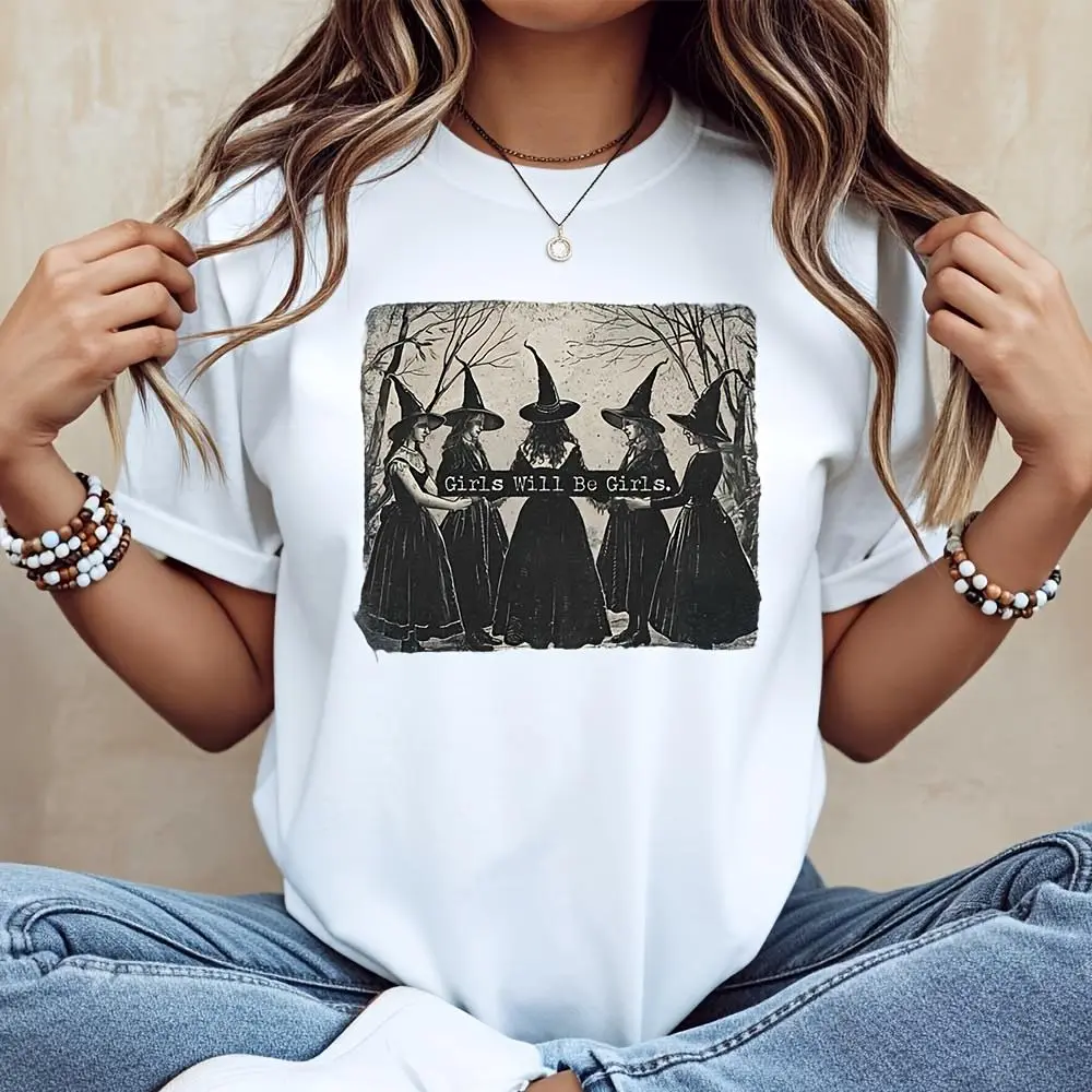 Girls Will Be Girls Witch Print T-Shirt, Halloween Gothic Vintage Graphic Tee, Autumn Festival Party Casual Wear