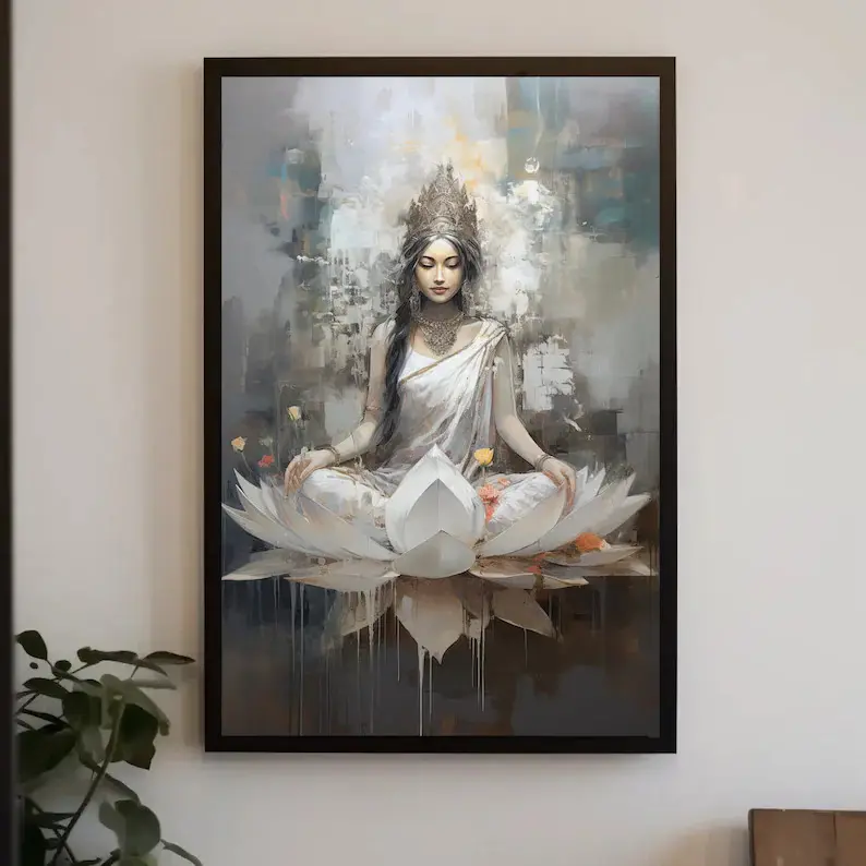 Goddess Lakshmi Artistic Retro Abstract Canvas Print - Eco-Friendly Cotton Matte Modern Hindu Religious Wall Art, Indian Home Decor for Room, Wardrobe Photo Walls