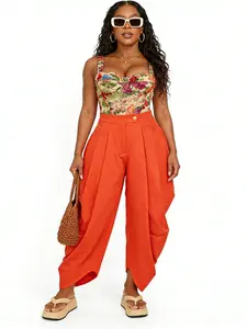 Solid Draped Heram Pleat Fitted Zipper Womenswear Pants (Sunset Orange / Sandy White)