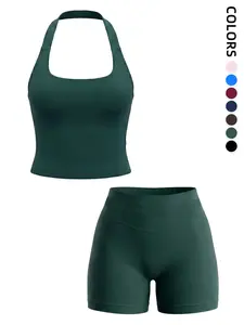 Impact Strap Summer Tank Top and Shorts Set, Seamless Shaping Gym Wear, Women's High Waist Sporty Yoga, All Seasons Elastic Support