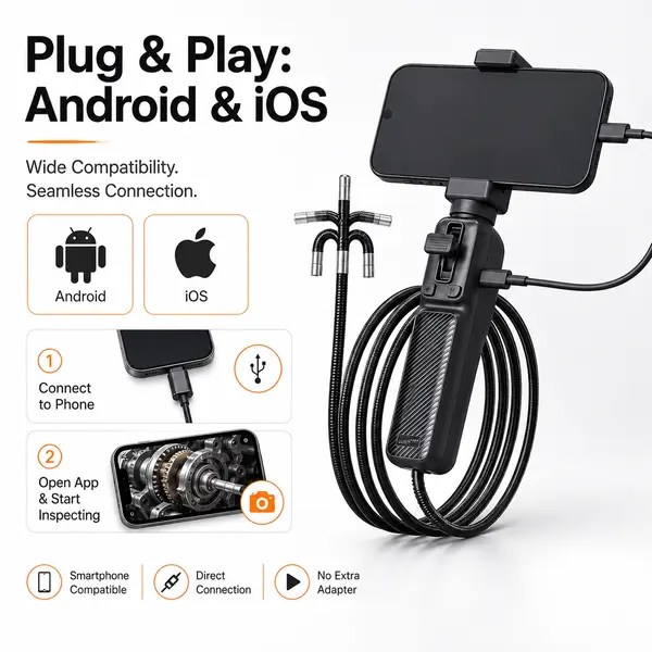 2-Way Articulating Borescope with Light, 1080P HD Live View Compact Inspection Endoscope Camera, 6mm Ultra-Thin Lens Flexible Mechanic Snake Scope for iPhone, Android, Automotive Engine, DIY Enthusiasts