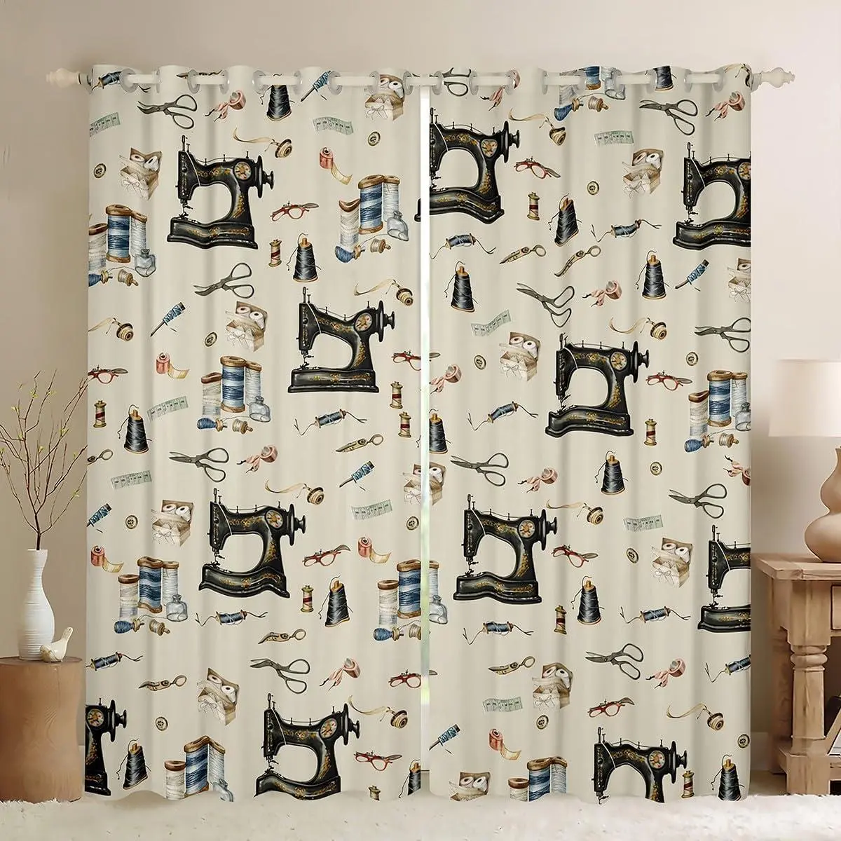 Sewing Theme Curtains,Sewing Machine Pattern Window Curtain for Girls Teens Women Adult Room Decor,Clothes Sewing Window Treatment Curtain Vintage Rustic Light Brown Window Drapes,2 Panels