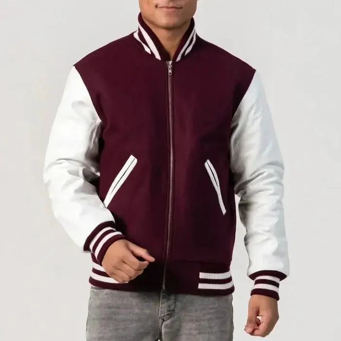 Maroon Wool Body & White Leather Sleeves Zipper Varsity Jacket