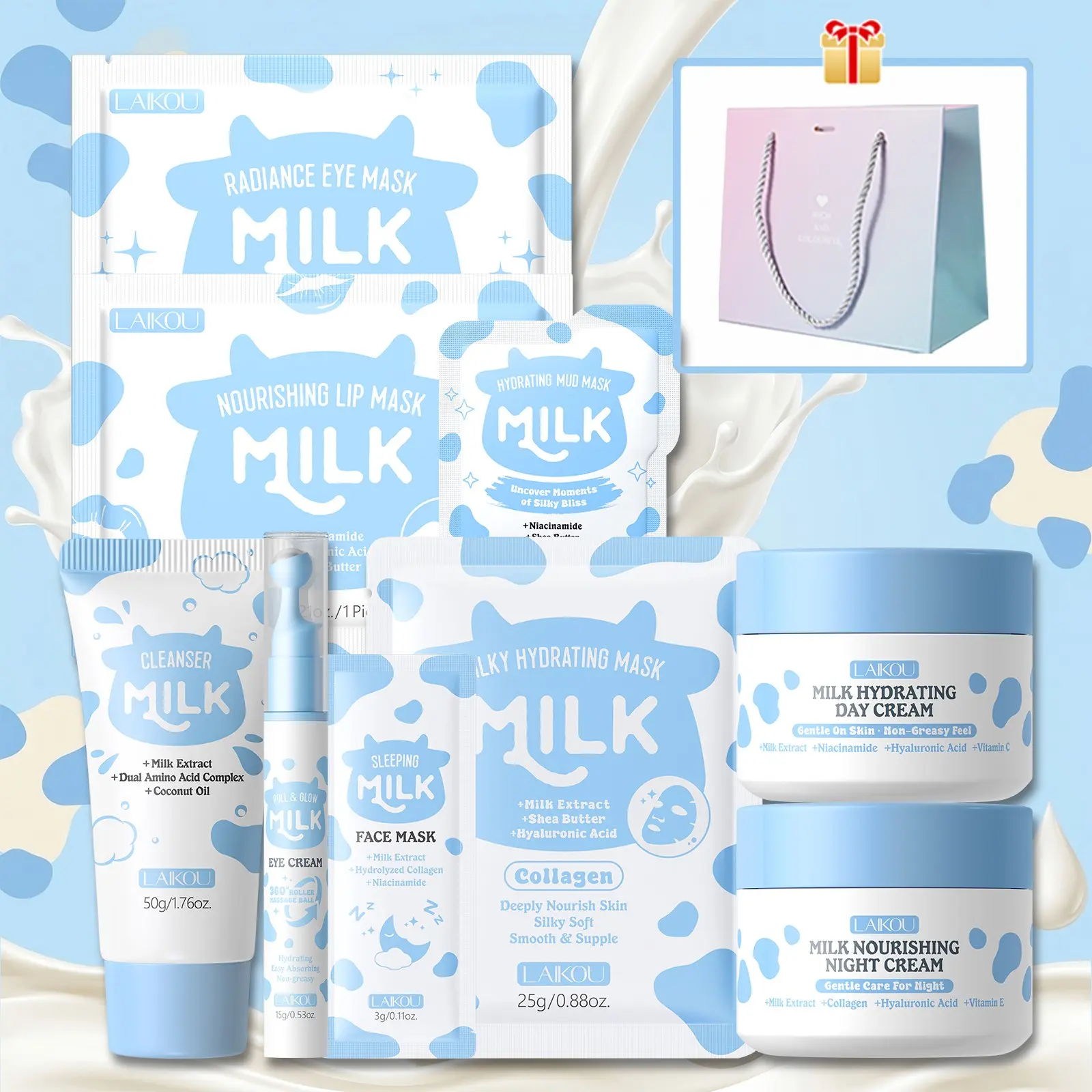 LAIKOU Milk Nourishing Facial Essentials Moisturizer Kit, 9-In-1 Intense Hydrate Moisturizing Set with Silk Hydrating Collagen Mask, Eye Mask & Lip Treatment, Complete Skin Softening Routine for a Healthy-Looking Complexion