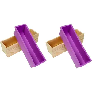 【Mother's Day Gift】Flexible Rectangular Soap Silicone Mold with Wood Box DIY Tool for Soap Cake Making 42oz (Purple-2PCS)