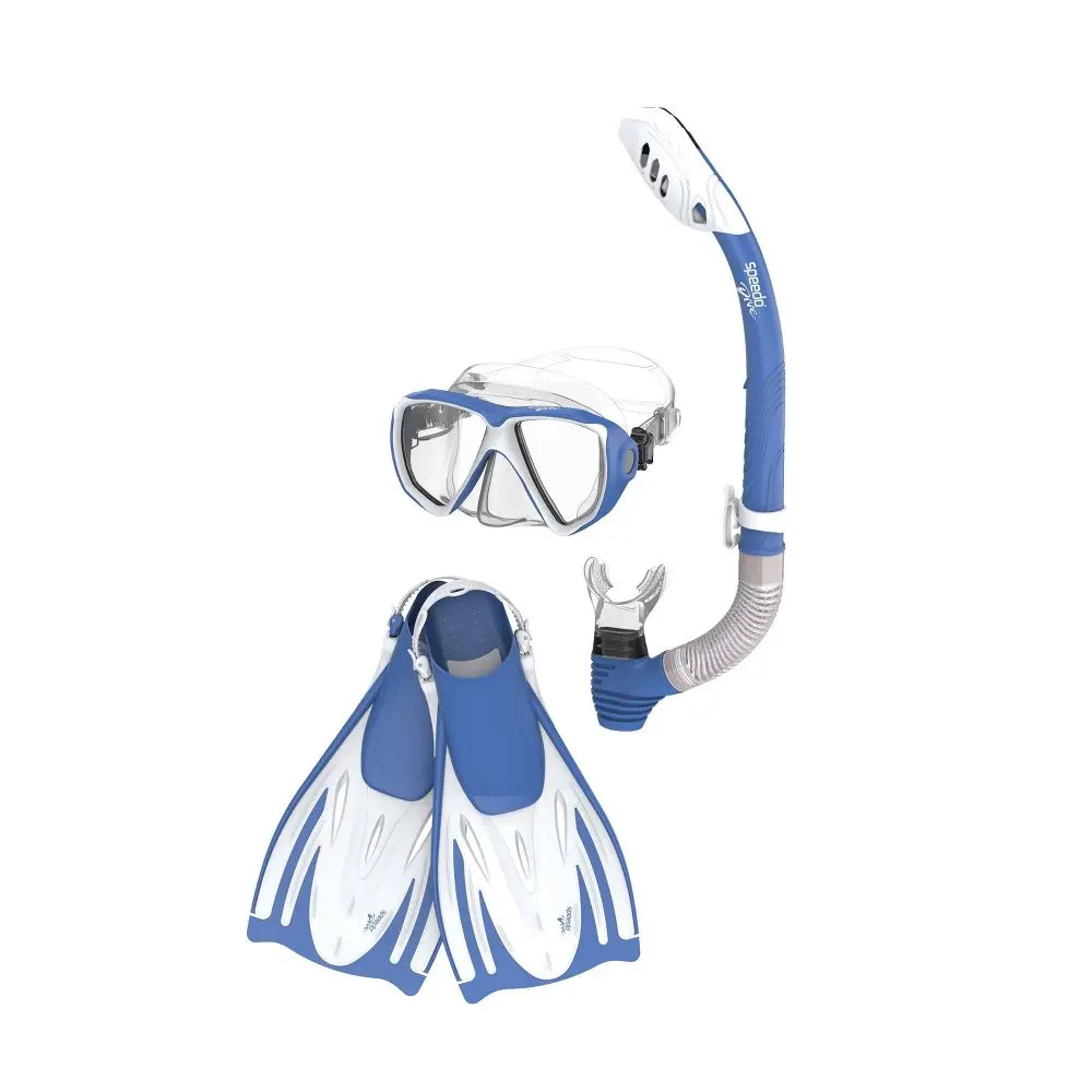 Speedo Adult Mask Snorkel Fin Set Snorkeling Gear Dry Top Mask Blue/White S/M