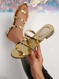 Women's Summer New Heeled Sandals, Rhinestone Heart Decoration, Fashion Sparkly Heel, Slip-On Comfort, Daily Commute, Vacation Wear