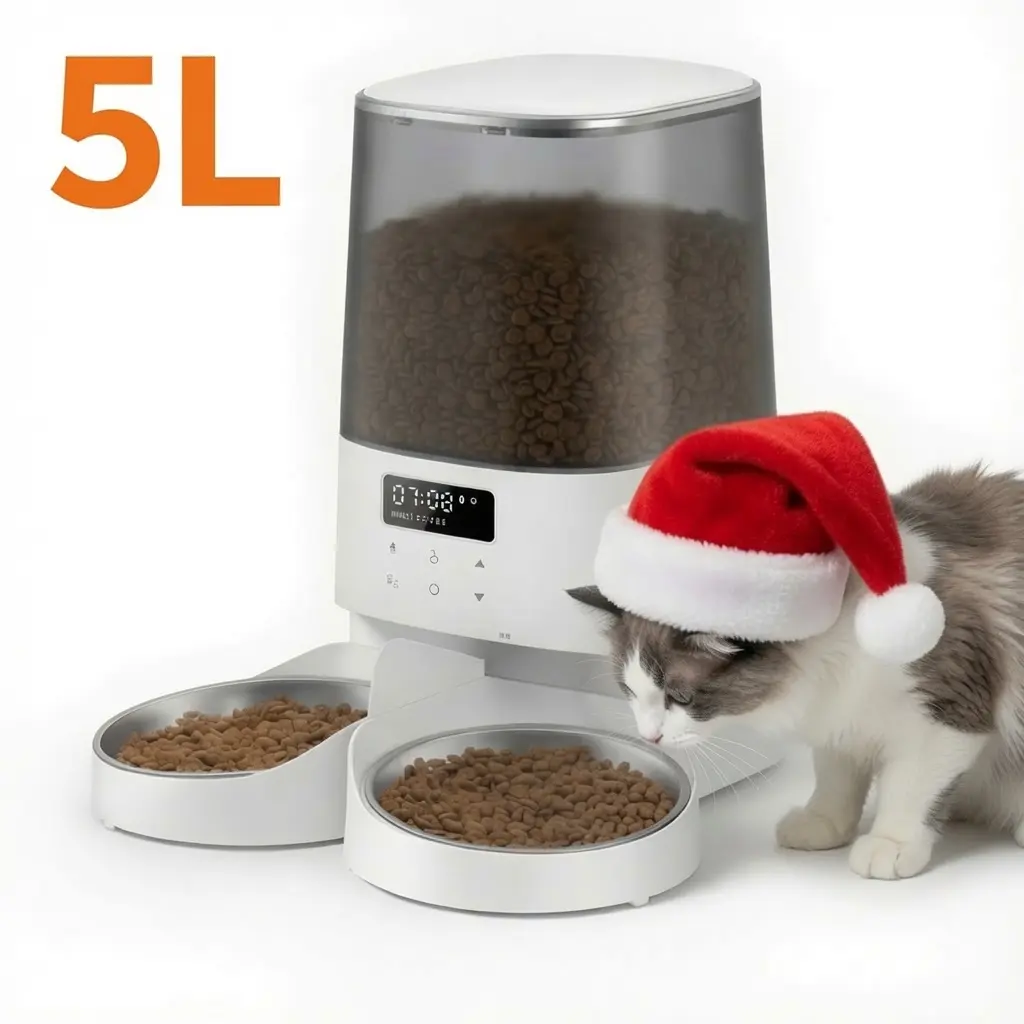 Automatic Cat & Dog Feeder - 5L/21Cups Timed Pet Food Dispenser with Double Bowls, Anti-Clog Design, 10s Meal Calls, 48 Portions, 6 Meals/Day, Memory Function, Metal+PE Build, Dual Power Protection, Consistent Feeds for Small Pets, Power Supply