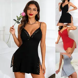 Women's Lace-Trimmed Modal Nightgown, Comfortable Sleepshirt Cami with Side Slit for Lounging & Sleep, Soft Everyday Loungewear