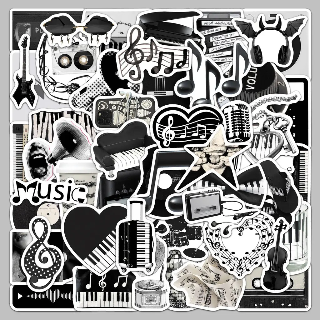 50-Pcs Black & White Music INS-Style Stickers - Waterproof Protective Creative Decals Graphic Decal for Phone Cases, Journals & Musical Instruments Accessories