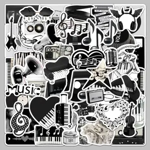 50-Pcs Black & White Music INS-Style Stickers - Waterproof Creative Decals for Phone Cases, Journals & Musical Instruments Accessories