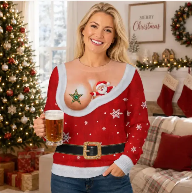 Funny Women’s Santa Christmas Sweater, Naughty Ugly Xmas Sweater, Santa Body Illusion Shirt, Adult Humor Christmas Party Gift for Her