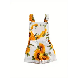 Teenage Girls' Sunflower Print Overalls Shorts with Pockets - Adjustable Straps, Bright Floral Pattern, Machine Washable, Casual Birthday Party Outfit