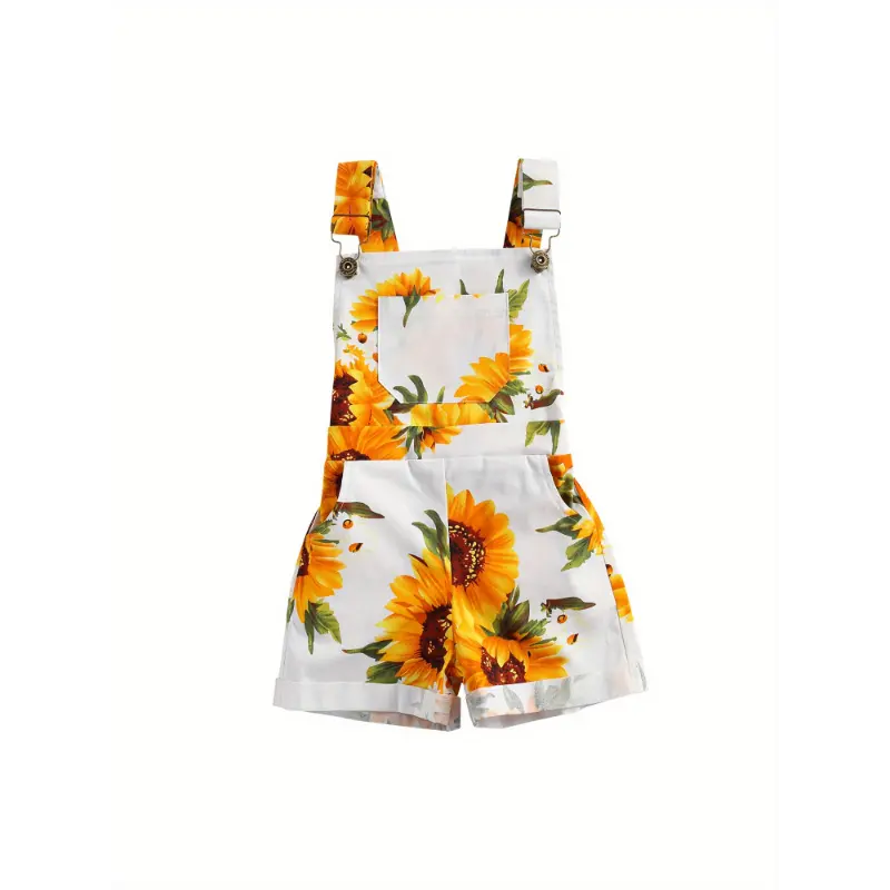 Girls' Sunflower Print Overalls Shorts with Pockets - 3-4y,4-5y,5-6y,7-8y,9-10y, Adjustable Straps, Bright Floral Pattern, Machine Washable, Casual Birthday Party Outfit, All Seasons, Knit, Cotton, Knitting, Fabric, Casual Wear, Clothes