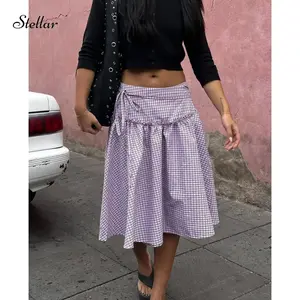 Women Low Rise Plaid Midi Skirt Gingham Tie Up A Line Frill Ruffle Hem Maxi Skirts Vintage Teen Girls Streetwear