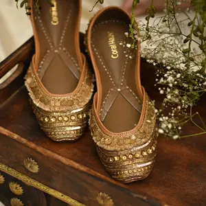 Tallulah - gold silk base - handmade genuine leather punjabi jutti/khussa/mojari/flats/bridal shoes