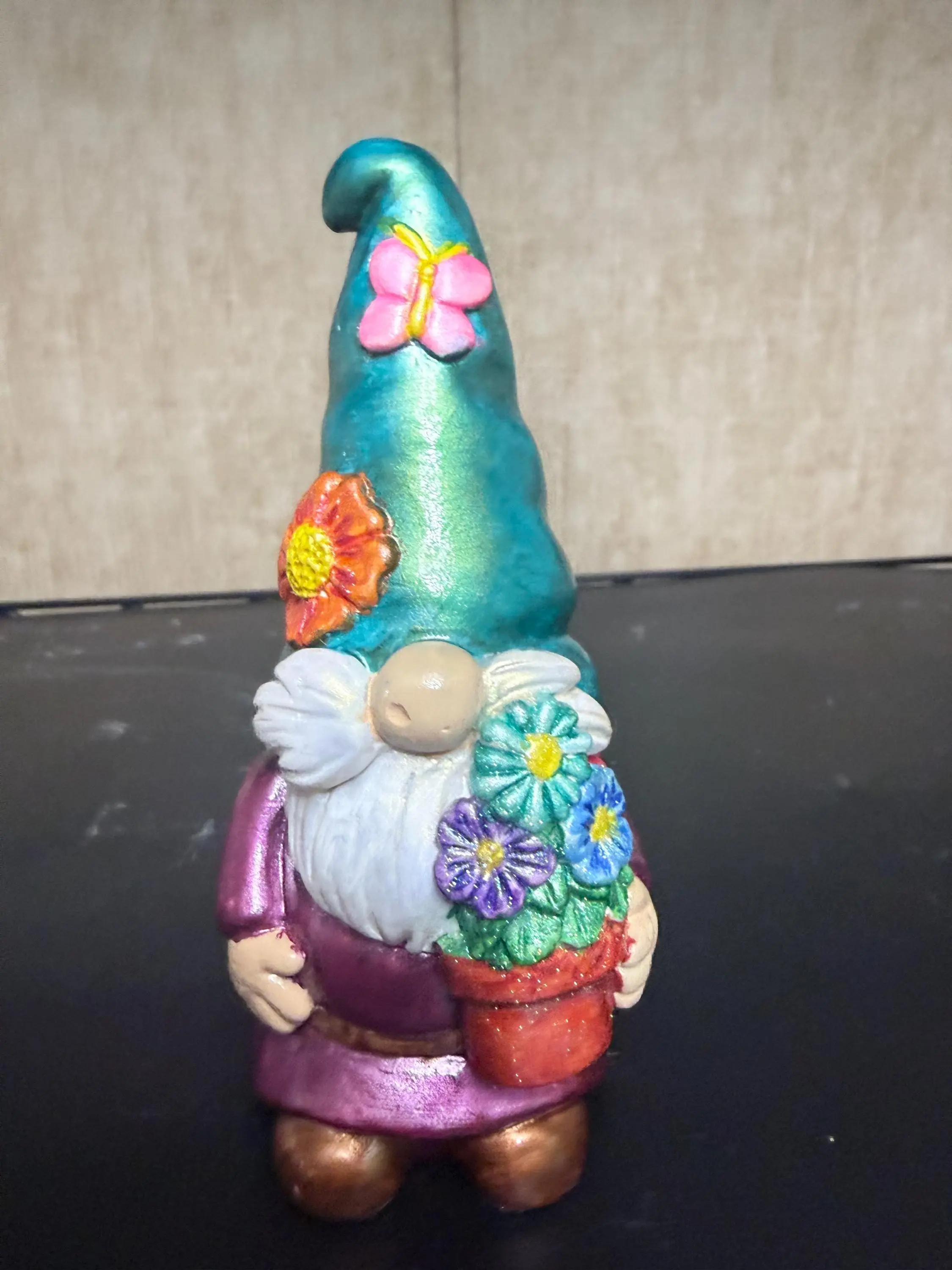 Hand Painted Ceramic Gnome Figurine 5.1”, One of a Kind Floral Garden Gnome, Whimsical Cottagecore Shelf Decor, Boho Gift