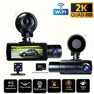 2K WiFi Front & Rear Dash Cam 1440P+1080P+1080P 3-Channel 360° Omni-Directional Car Camera with G-Sensor, WDR Night Vision, 24H Parking Monitor, Loop Recording, Accident Evidence Recorder, Free 32GB SD Card Included
