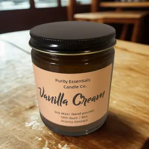 Purity Essentials Candle Co Vanilla Cream All Natural Soy Wax Hand Poured 50hr Burn Time 8oz Jar Atlanta Georgia Eco Friendly Scented Candle - Aroma