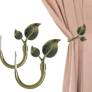 Leaf-Shaped Curtain Tiebacks Set of 2, Handmade Metal Wall Mount Hooks, Antique Brass Color Decorative Window Accessories for Home Decoration, Window Decorations Supplies