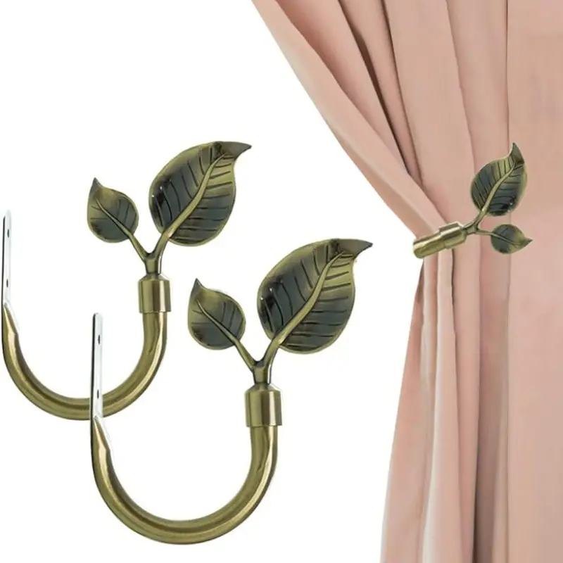Leaf-Shaped Curtain Tiebacks Set of 2, Handmade Metal Wall Mount Hooks, Antique Brass Color Decorative Window Accessories for Home Decoration, Window Decorations Supplies, Metal Curtain Holdbacks