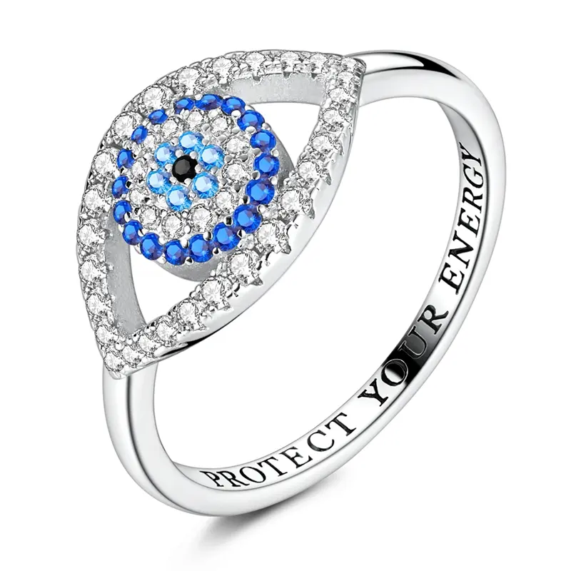 MULA Platinum-Plated Evil Eye Protection Ring - Blue Cubic Zirconia Closed Back Band, Spiritual Energy Costume Jewelry, Romantic Gifts for Wives, High Grade Healing Accessory