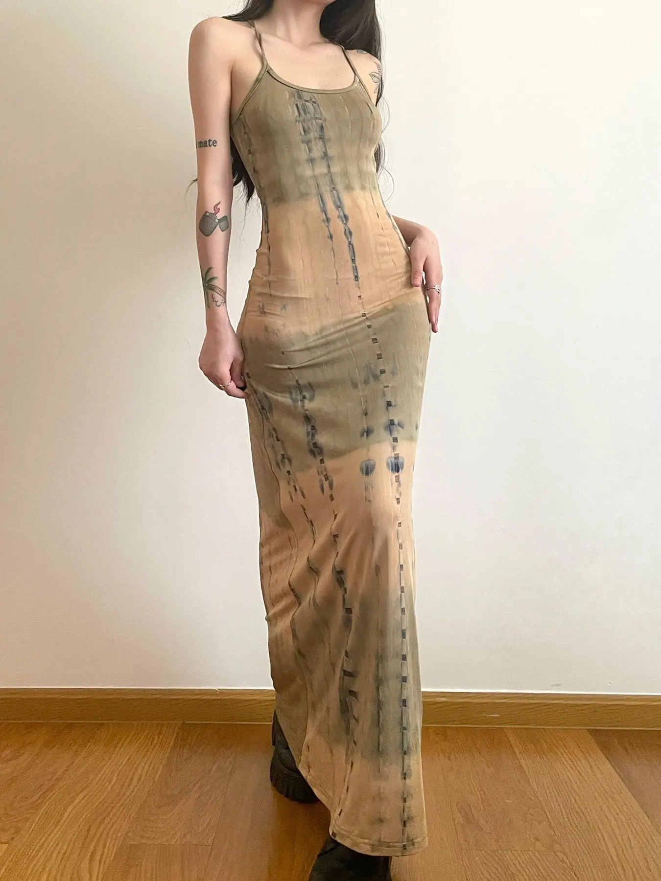 Tie Dye Bodycon Maxi Dress, Women Chic Casual Boho Chic Summer Lightweight Boho Bohemian Style Spaghetti Strap Cami Dress, Slim-Fitting Unlined Dress, Plain Surface, 88.2 G/m² Weight, Boho Style Dresses