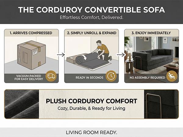 Convertible Sofa Bed with Fixed-Shape Frame & Removable Armrests, Modular Corduroy Sleeper Sofa, Folding Mattress Couch for Small Spaces - No Assembly Needed in Green (Includes 2 Pillows)