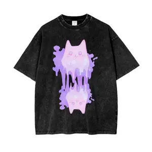 Pastel Goth Acid Wash Oversized T-Shirt: Cat Ghost Shimmer Print Tee-