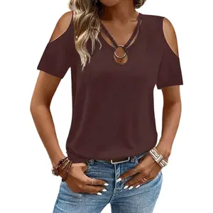 Flamingals Solid Ring Decor Cold Shoulder Short Sleeve T-Shirt Womenswear Summer Vibes