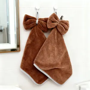 Rumilife Bowknot Hand Towel-Deep Coffee Brown Fuzzy Bow Towel Set - Soft Bathroom Hand Towels with Hanger