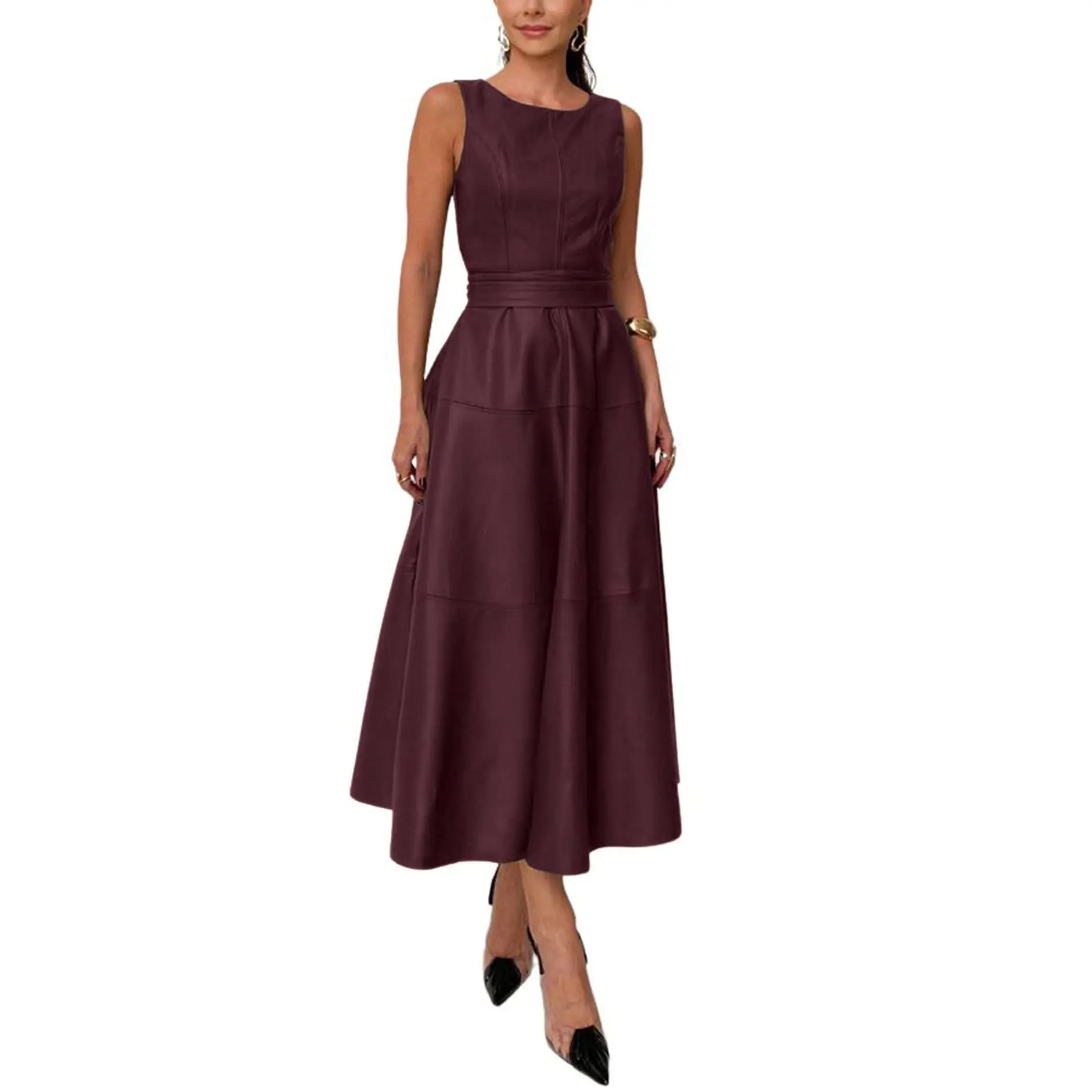 CHARTOU Women's Summer and Autumn Sleeveless PU Faux Leather Dress Elegant Flowing Maxi Dress with Belt - TikTok Shop CHARTOU Women's Summer and Autumn Sleeveless PU Faux Leather Dress Elegant Flowing Maxi Dress with Belt - TikTok Shop