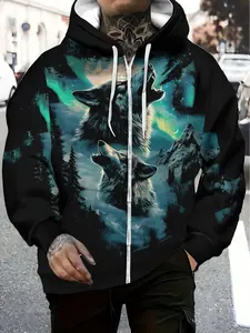 Men's Full-Zip Hooded Wolf Pattern Drawstring Side Pocket Lightweight Jacket, Long-Sleeve Loose Fit Sweatshirt for Sports and Fitness Hoodie