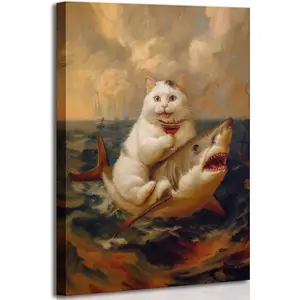 Funny Bathroom Cat Canvas Wall art Renaissance Whimsical Crazy Quirky Humor Fat Cat Riding a Shark Painting Picture Wall Decor Poster Print Artwork for Toilet Restroom Home Decoration