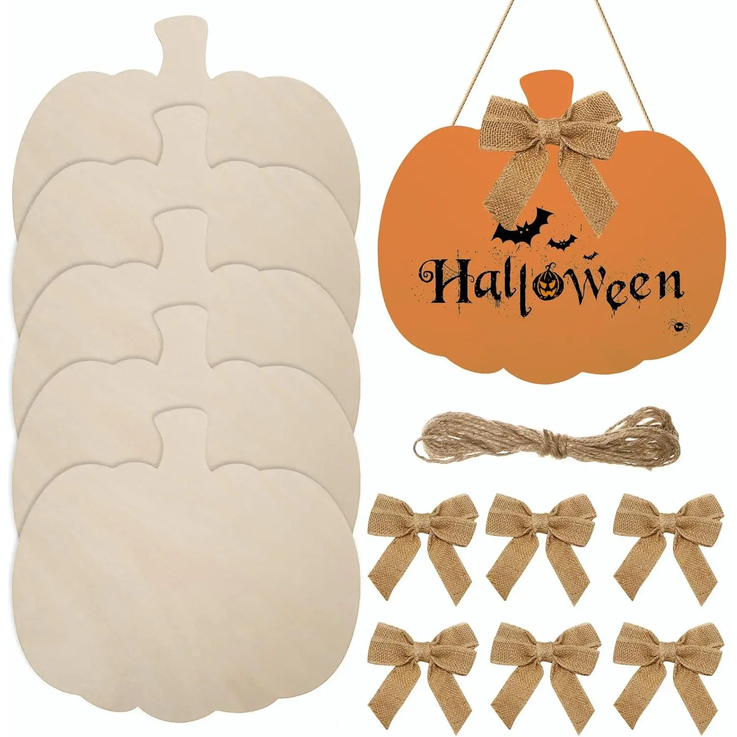6 count Large Wooden Pumpkin Cutout 12 Inch Unfinished  Pumpkin Craft Cutout Blank Wooden Pumpkin Shape Cutout with Bows for Fall Thanksgiving Halloween Party  DIY Craft Decoration