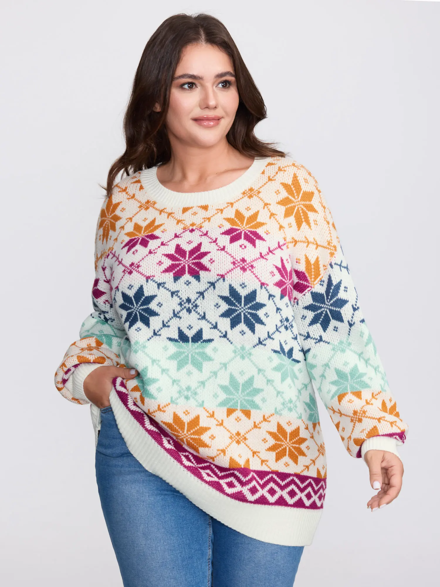BloomChic Plus Size Geometric Color Block Sweater, Casual Loose Fit Acrylic Knit Top with Drop Shoulder Long Sleeves, Knitting, Longsleeves, Tops, Women, Fabric