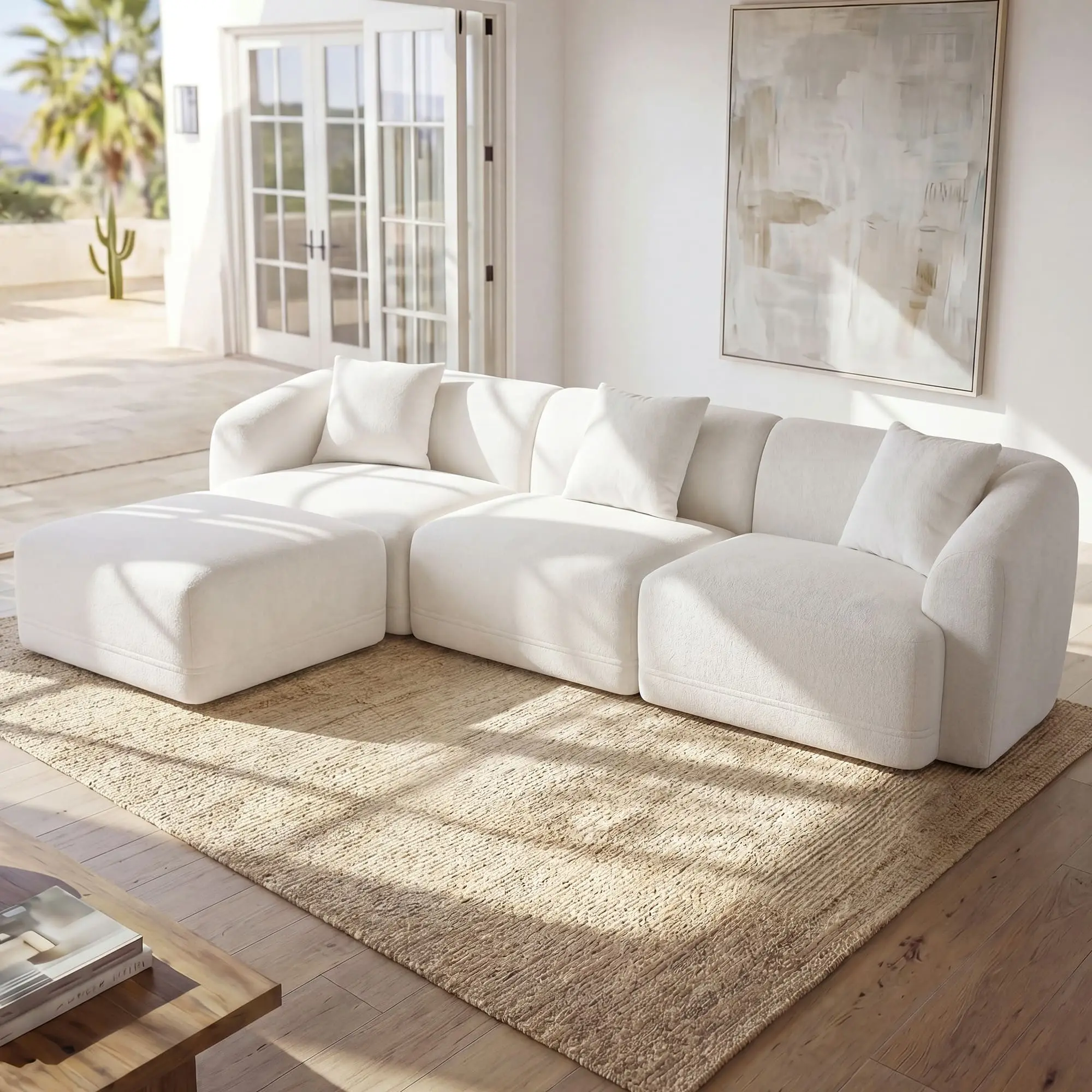 112" White Modular Cloud Sectional Sofa - 3-Seater Convertible L-Shape Boneless Couch with Movable Ottoman, Deep Comfy Sleeper Sofa Bed for Living Room, Bedroom