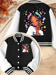 Girls' Short Baseball Button Front Jacket Coat for Autumn Winter, Ages 4-14 Years Old, Stylish Kids Outerwear for Cold Weather