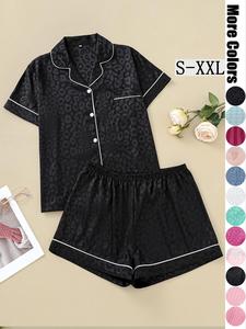 women's pocket button front shirt & elastic waist shorts satin pyjama set, casual contrast binding lapel collar short sleeve top & shorts pj set, pajamas, loungewear, glam lounge wear, womenswear, lady