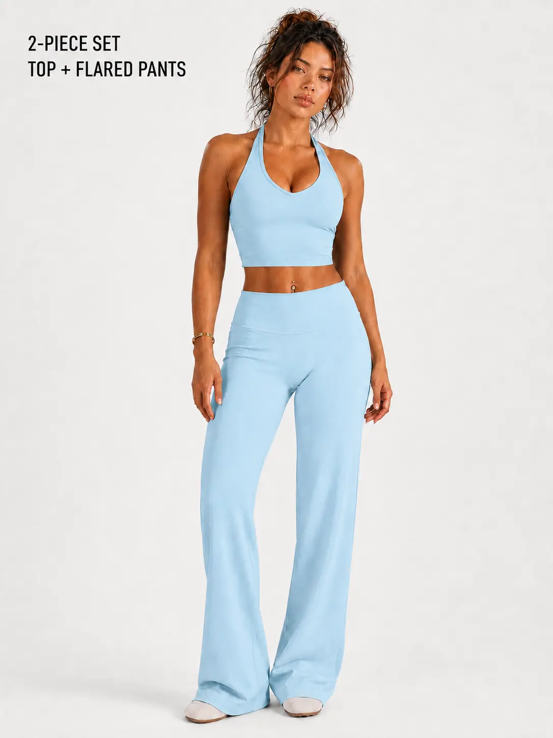 Women's Sporty Clothing Sets, 2-Piece Buttery Soft Yoga Wear with Halter Open-Back Top and High-Waist Sculpting Flared Pants, Sporty Sports Clothing Sets