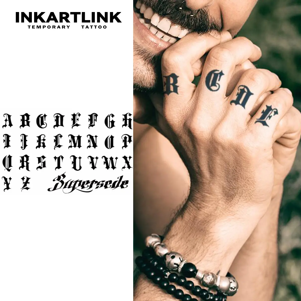 INKARTLINK Temporary Tattoos - 2 Sheets Old English Gothic Alphabet Finger Tattoos for Streetwear Style, Waterproof, Long-Lasting