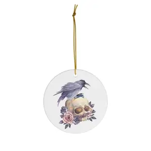 Christmas Ornament - Purple Gothic Skull and Botanical Decor - Ceramic Circle, Star, Heart and Oval