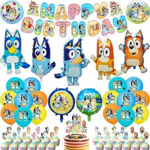 Bluey Balloons Happy Birthday Banner Bingo Party Background Sticker Decoration Disposable Tableware Kid Gift Bag Keychain Spiral
