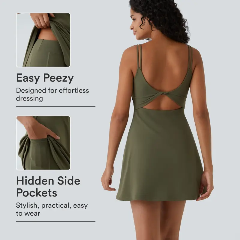 Halara Softlyzero Plush Double Straps Backless Twisted 2-Piece Pocket Slip Dance Active Dress