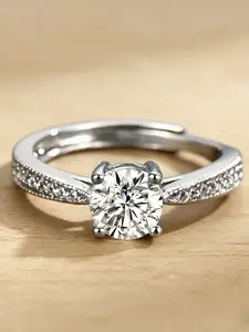 1CT Classic 4-Prong Double Row Side Stone CZ Open Adjustable Ring | Silver Plated Copper Base | Luxury Gift Box | Women's Solitaire Engagement Rings Jewelry for Wedding, Valentine's Day & Birthday Gifts