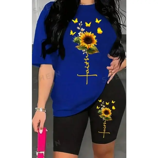 Women's 2-Piece Sunflower Clothes Set - Polyester Fabric Top, Polyester Fabric Pants, Casual Womenswear Outfit