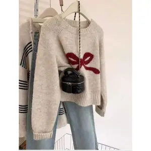 Women's Plus Size Knitted Sweater, Wool Crochet Cardigan with Lace Trim, Christmas Pattern, Long Sleeve, Fall & Winter Casual Style