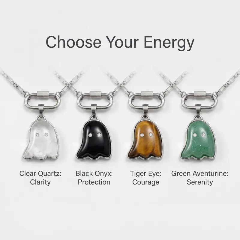 Clear Quartz Ghost Necklace | Healing Crystal Pendant | Clarity Amplification Stone | Cute Witchy Jewelry Gift for Her | Paperclip Chain 20"- Enhances Balance & Healing Energies - Perfect for Daily Wear & Reiki Practices luxury necklace, Crystal Pendant