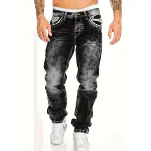 Men's Slim-Fit Straight-Leg Distressed American Snowflake Jeans - Vintage Wash Blue Denim Pants with Snowflake Pattern, Streetwear Style All-Season Casual Wear, Durable Fabric & Hand Washable
